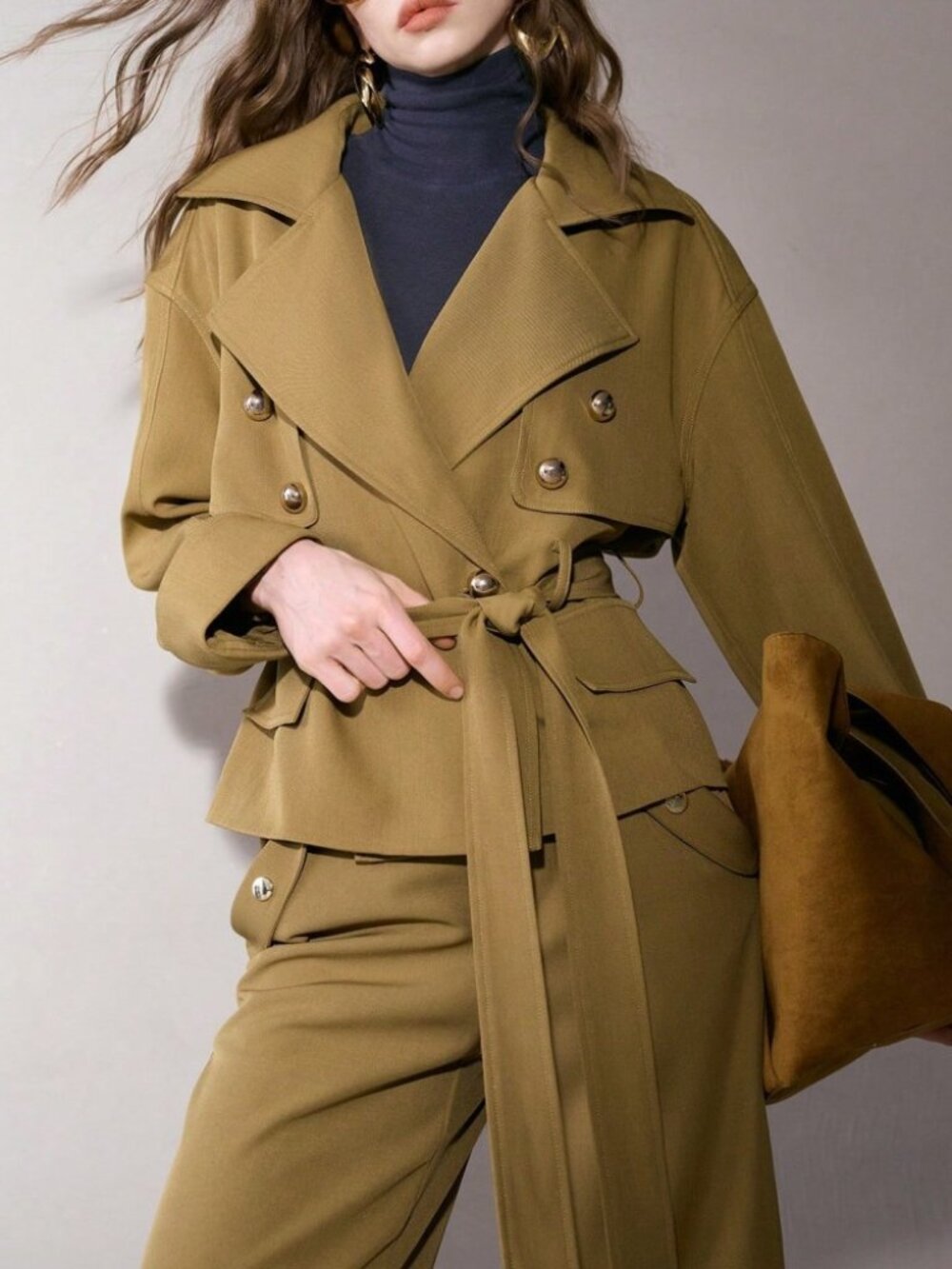 Tan Oversized Belted Trench Coat Cropped Jacket with Button Trim